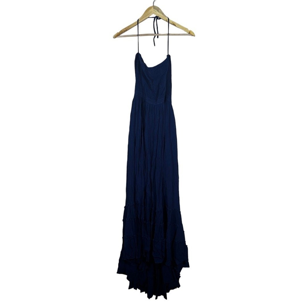 NWT R.YIPOSHA Halter Open Back Solid Maxi Dress Navy Blue Boho Tiered Size XL